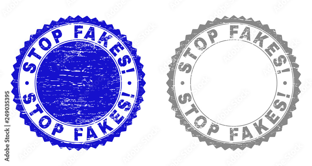 Grunge STOP FAKES! stamp seals isolated on a white background. Rosette seals with grunge texture in blue and gray colors. Vector rubber stamp imprint of STOP FAKES! text inside round rosette. Grunge STOP FAKES! stamp seals isolated on a white background. Rosette seals with grunge texture in blue and gray colors. Vector rubber stamp imprint of STOP FAKES! text inside round rosette.