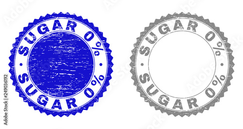 Grunge SUGAR 0% stamp seals isolated on a white background. Rosette seals with grunge texture in blue and gray colors. Vector rubber stamp imprint of SUGAR 0% tag inside round rosette.