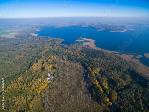 Aerial view of observation tower located on terrain of German Land Forces Headquarters from ww2 hidden in a forest in autumn season in Mamerki, Poland (former Mauerwald, East Prussia)