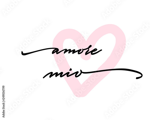 Amore mio Happy Valentine's Day Hand Lettering - Typographical Background Set with ornaments, hearts, ribbon, angel and arrow