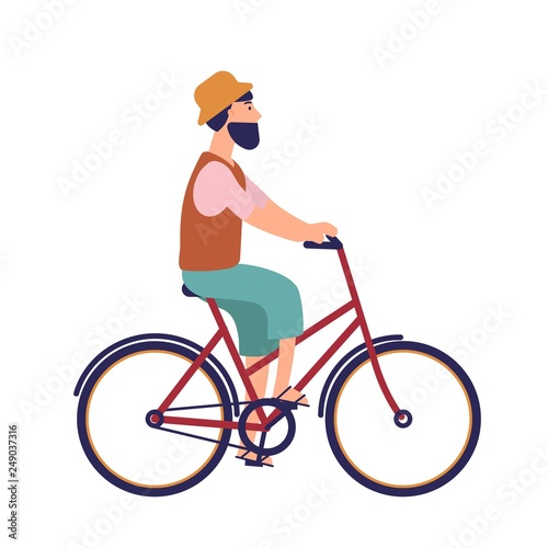 Bearded hipster man in hat and casual clothes riding city bike. Funny male character on bicycle. Pedaling bicyclist isolated on white background. Colorful vector illustration in flat cartoon style.