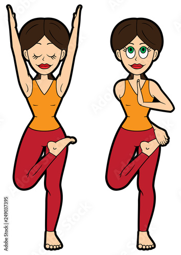 Yoga asana set tree pose variations / Illustration cartoon girl doing vrikshasana. Two variations