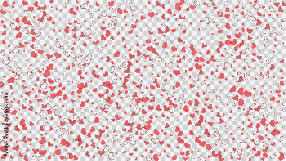 A sample of wallpaper design, textiles, packaging, printing, holiday invitation for wedding. Light background. Red hearts of confetti crumbled. Red on Transparent fond Vector.