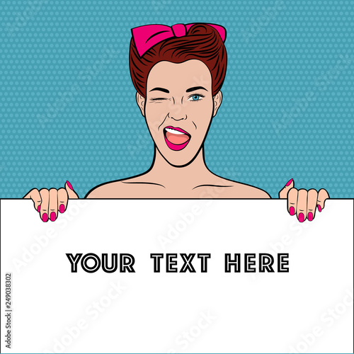 Retro nude woman hide behind blank poster, Poster Template. Vector illustration in pop art style