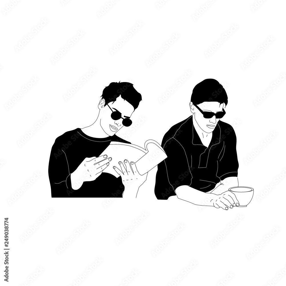Hand drawn people in a cafe, people with coffee, people with tea, fashionable young woman, girl with a book, vector illustration– stock illustration Hand drawn people in a cafe, people with coffee, people with tea, fashionable young woman, girl with a book, vector illustration– stock illustration