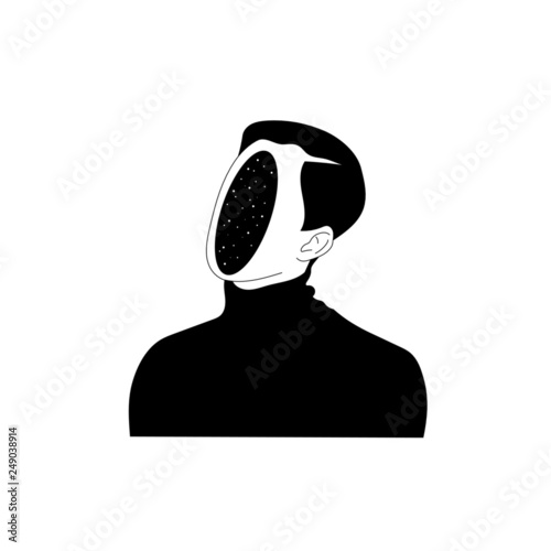 Vector hand drawn surreal illustration. Portrait in modern abstract style. Symbol philosophy, astrology, magic, boho, esoteric, surrealism, space. Template for card, poster, banner, print for t-shirt