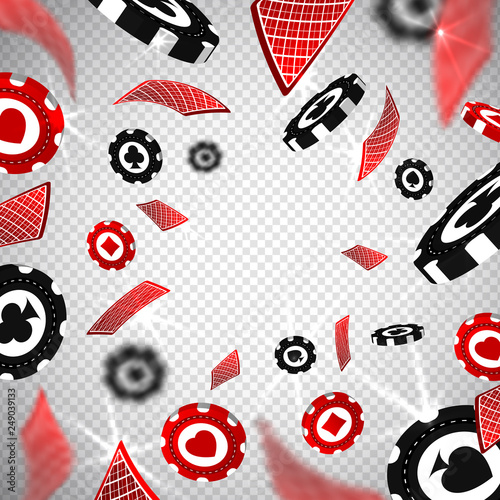 3d Holdem poker chips casino cards explosion in realistic style,big win jackpot game casinos concept,transparent background.Business gambling mockup flyer banner design,web online concept