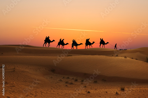 Fototapeta Naklejka Na Ścianę i Meble -  Camel caravan with tourists at sunset in Arabian Dessert
