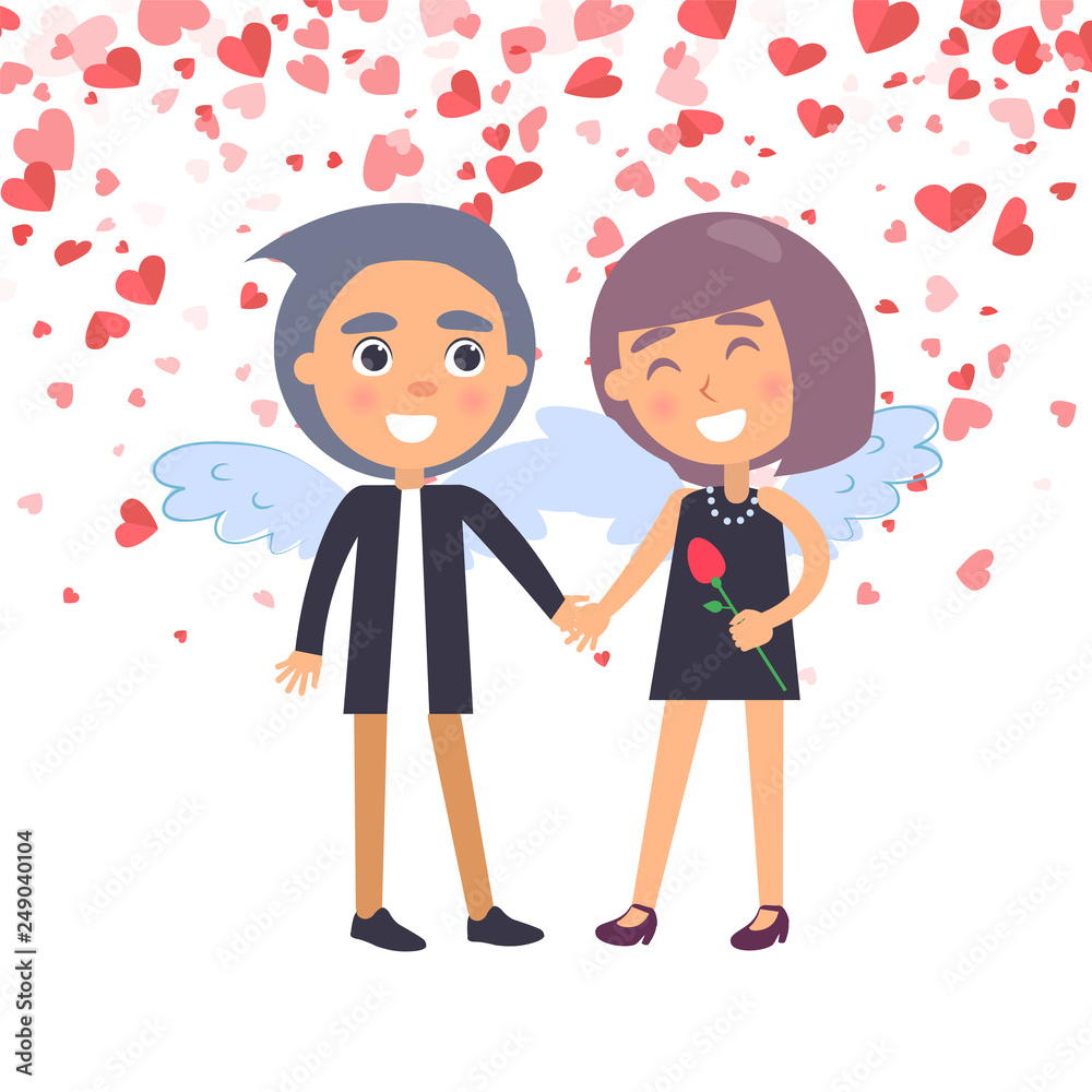 Smiling woman in clothes and man in suit, couple with wings. Boyfriend and girlfriend Valentine day. Boy holding and looking at girl with flower vector Smiling woman in clothes and man in suit, couple with wings. Boyfriend and girlfriend Valentine day. Boy holding and looking at girl with flower vector