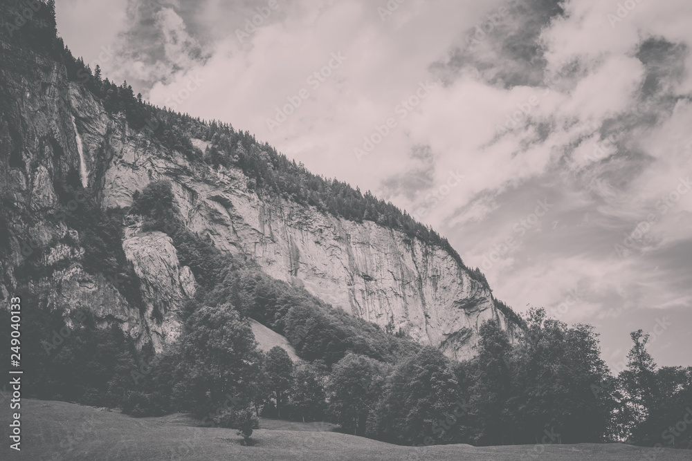 Obraz premium View valley of waterfalls in city Lauterbrunnen, Switzerland, Europe