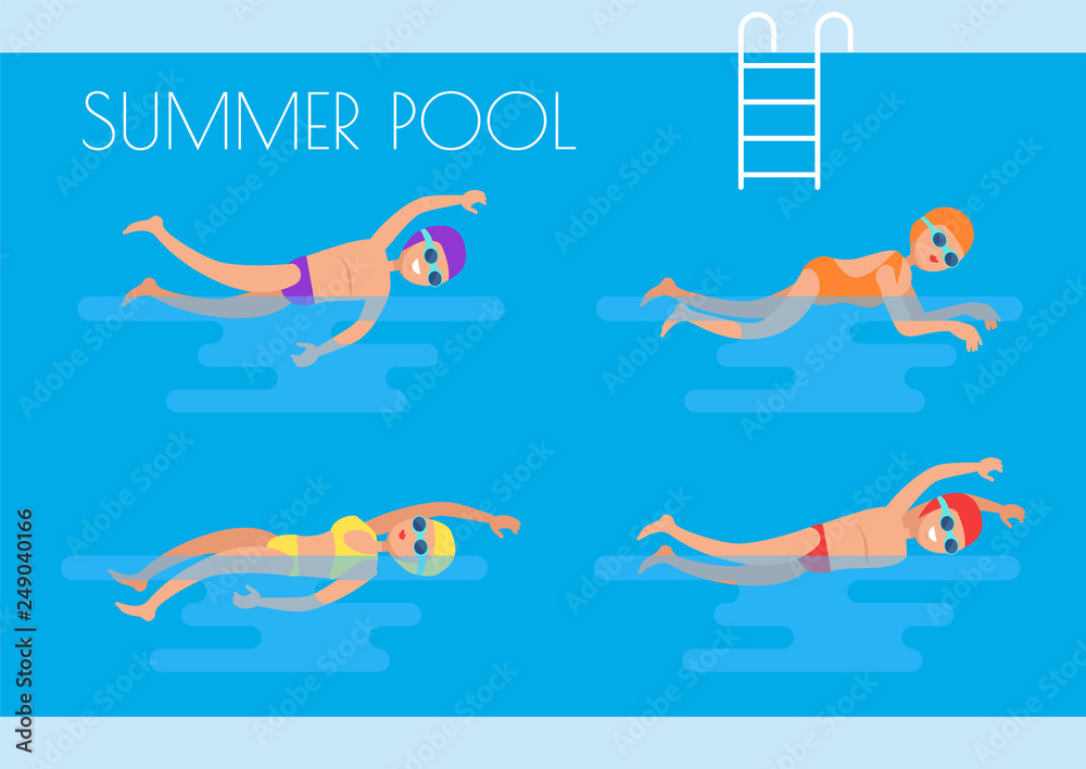 Summer pool professional swimmers wearing goggles special glasses and mask. Swimming suit people in basin training together poster, summertime activities