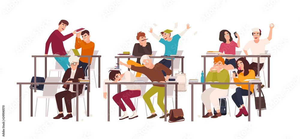 Group of students or pupils sitting at desks in classroom and demonstrating bad behavior - fighting, eating, sleeping, surfing internet on smartphone during lesson. Flat cartoon vector illustration.