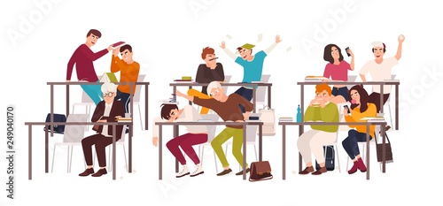 Group of students or pupils sitting at desks in classroom and demonstrating bad behavior - fighting, eating, sleeping, surfing internet on smartphone during lesson. Flat cartoon vector illustration.