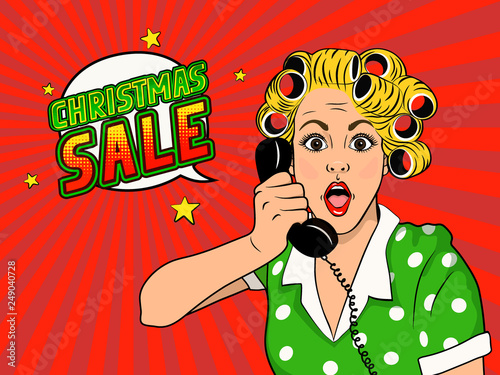 Banner template "Christmas sale". Promotional Christmas poster in the style of pop art. Image of a young surprised woman with a phone in her hand. Wow face. Vector illustration in comics style