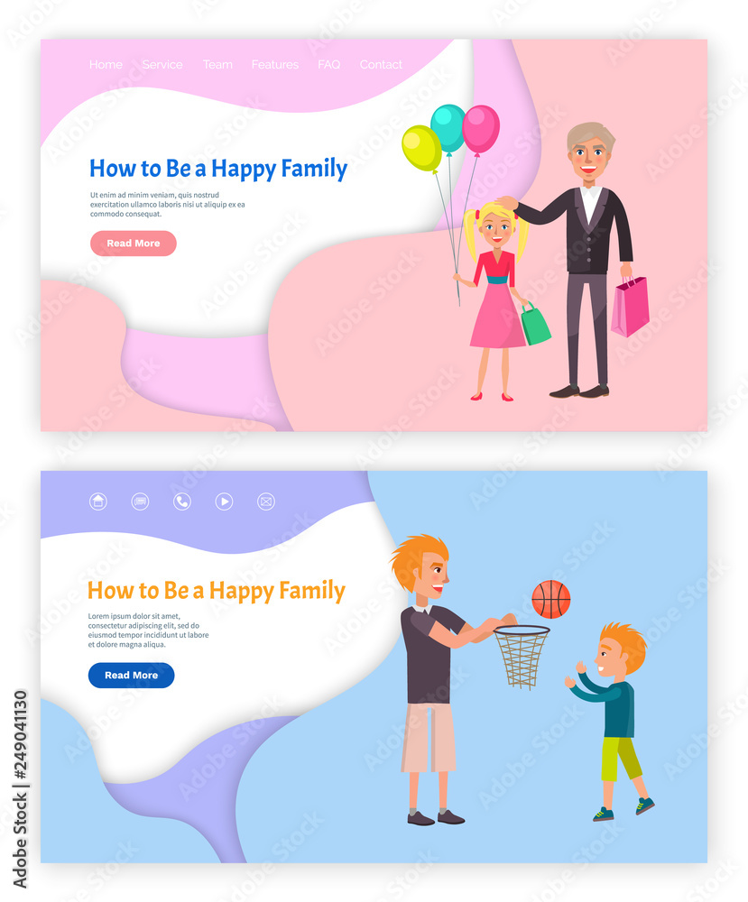 How to be happy family vector, web pages set online site with text sample. Grandparent with granddaughter holding balloons, father and son playing. Website template, landing page in flat How to be happy family vector, web pages set online site with text sample. Grandparent with granddaughter holding balloons, father and son playing. Website template, landing page in flat