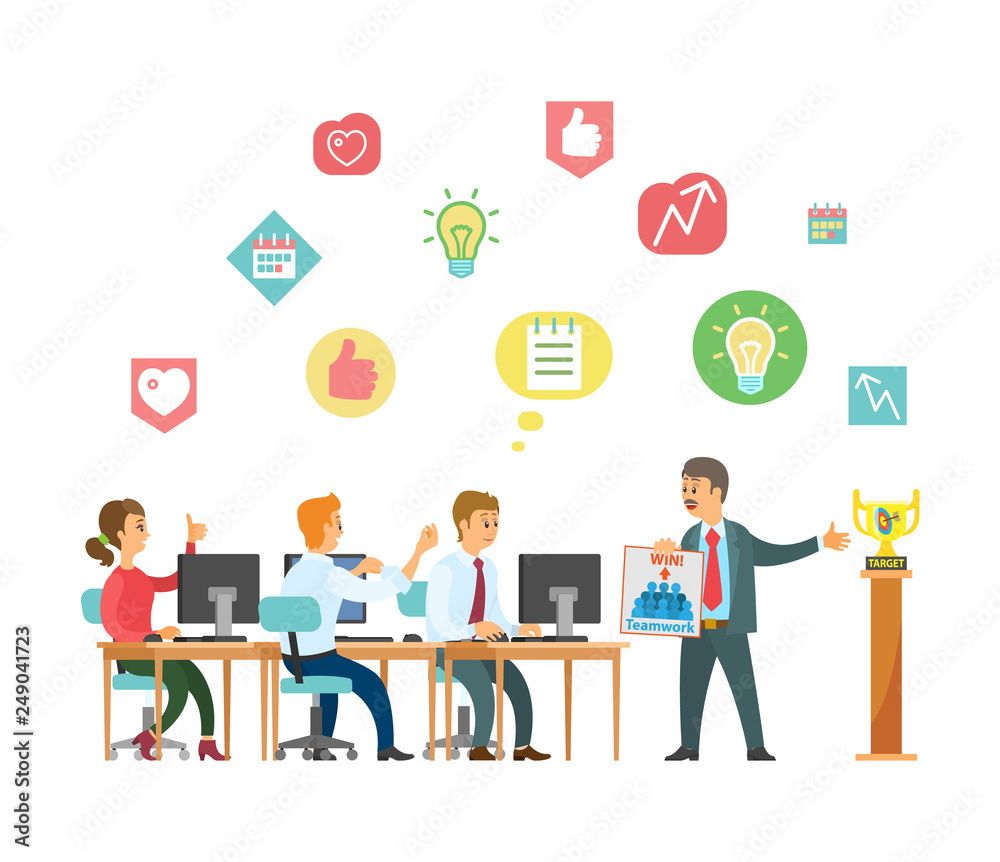 People at work, business  conference vector. Coworkers sitting by table listening to boss, seminar of businessman. Icons with likes and thumbs up