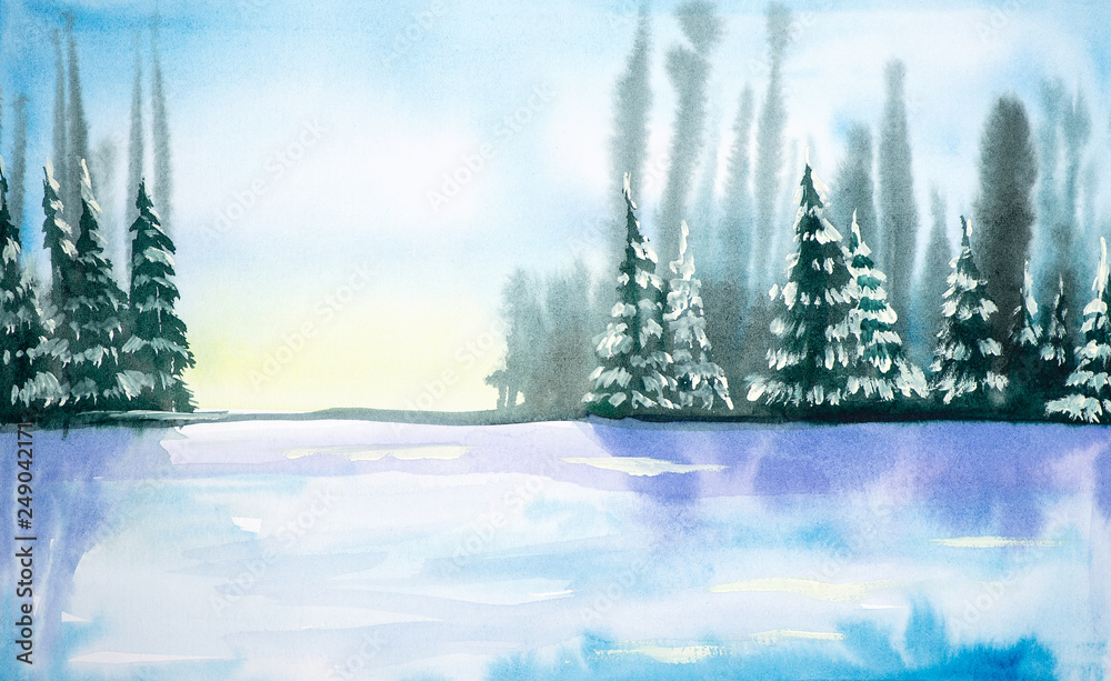 Winter landscape of forest and snowy field. Hand drawn watercolor  illustration Stock Illustration | Adobe Stock