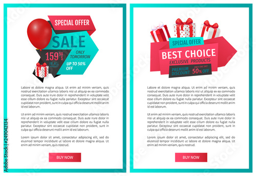 Special offer, exclusive product price reduction web page templates vector. Inflatable balloon and present from shop, sellout and clearance online sites