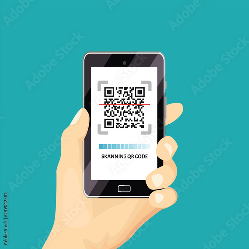 Scanning QR code using mobile phone in hand. Vector illustration in cartoon simple flat style.