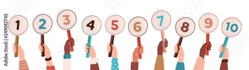 Collection of male and female hands holding round cards or signs with amount of scores got in competition, tournament or contest. Votes of judges. Colored vector illustration in flat cartoon style.