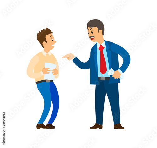 Boss chief executive angry with office worker, shouting at man vector, Reprimand of employer to employee, official rebuke to person with documentation