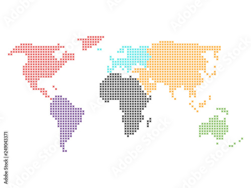 World map mosaic of small crosses in defferent color for each continent. Dotted design. Simple flat vector illustration