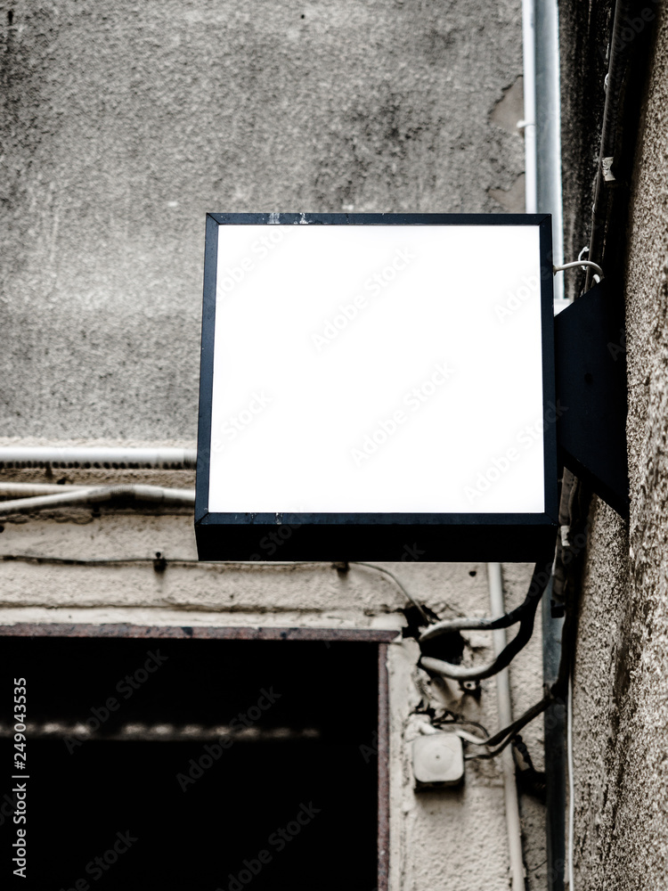 Signboard side view of empty white mock up, squared, box, signage with ...