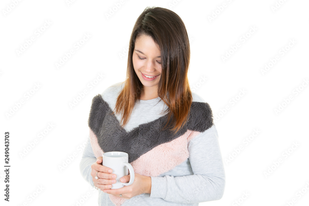 Woman pretty young relaxing looking down holding coffee cup or mug tea Woman pretty young relaxing looking down holding coffee cup or mug tea