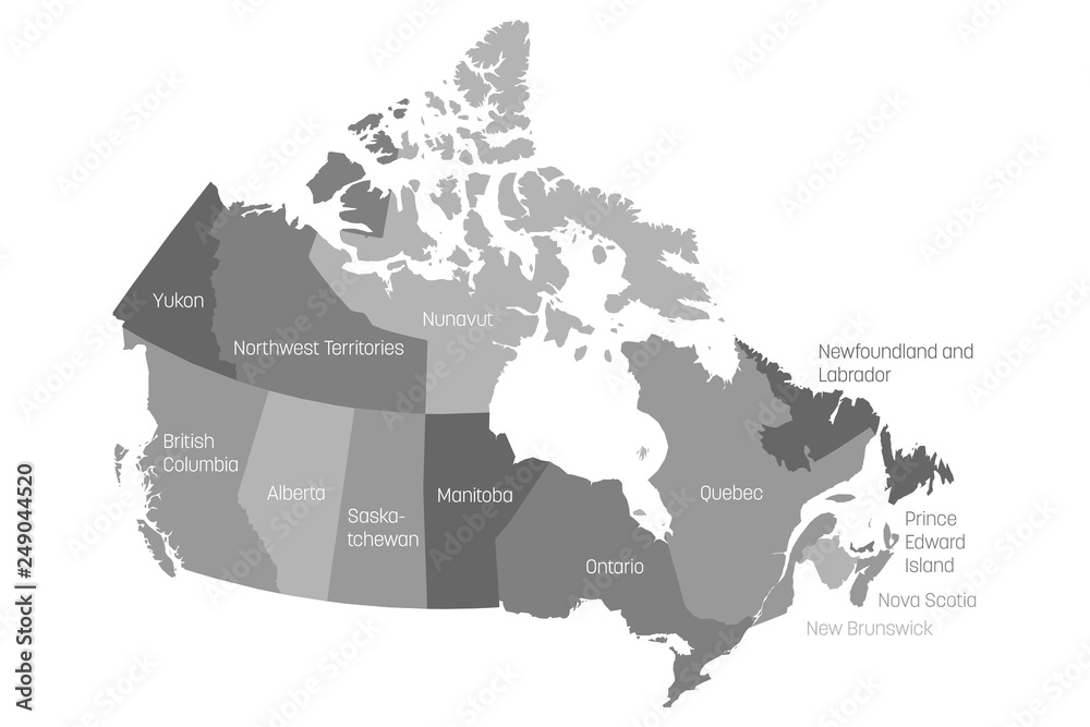 Map of Canada divided into 10 provinces and 3 territories ...