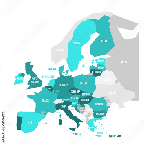 Political map of Europe with turquoise blue highlighted 28 European Union, EU, member states. Simple flat vector illustration