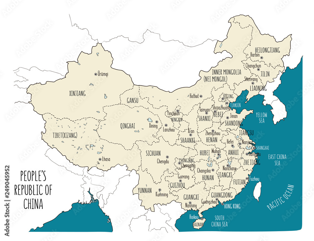 Fototapeta premium Vector map of the People's Republic of China.