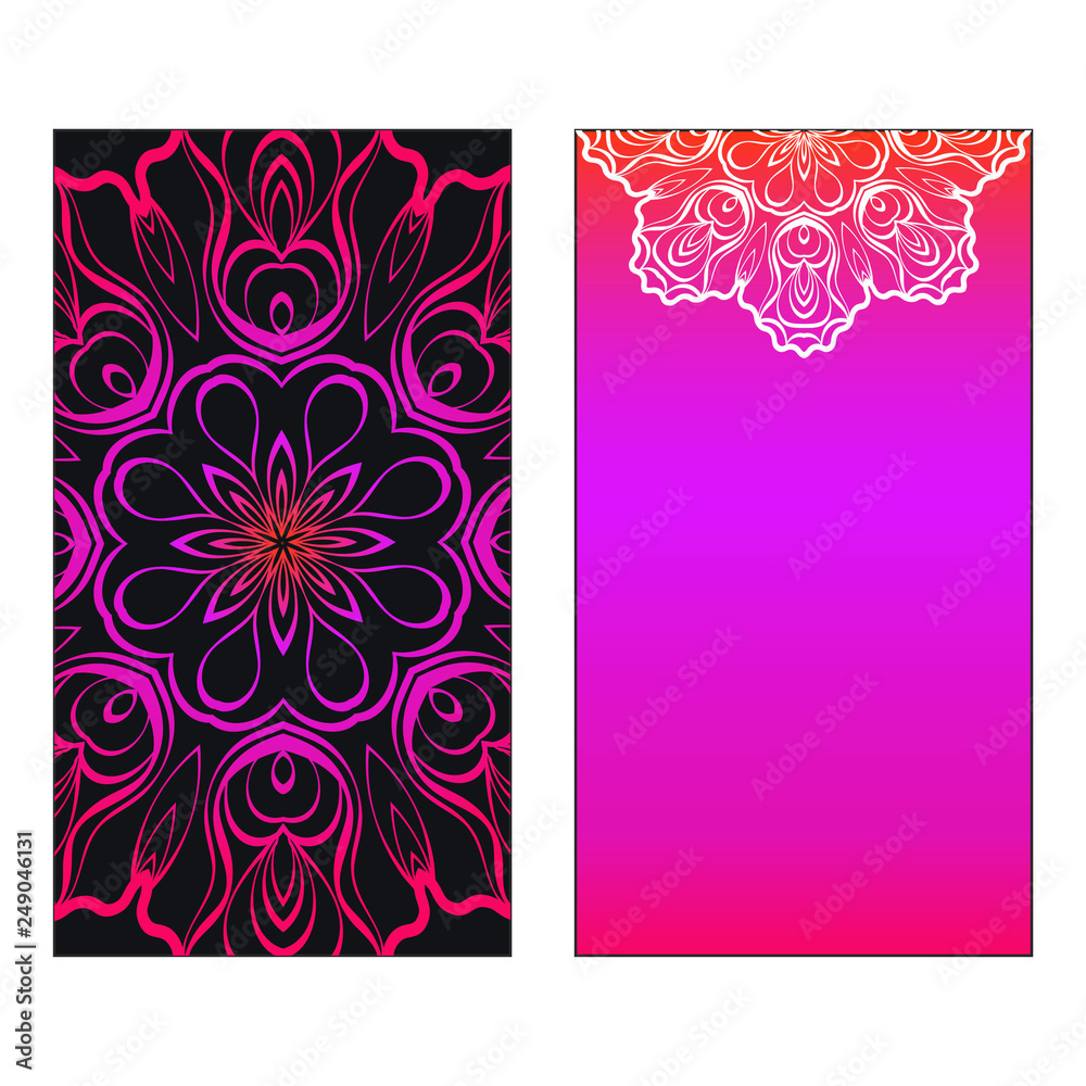 Colorful Ornamental Ethnic Flyer. Templates With Tribal Mandalas. Vector illustration. Purple, black, white color. For Wedding Invitation, Thank You Card, Save Card