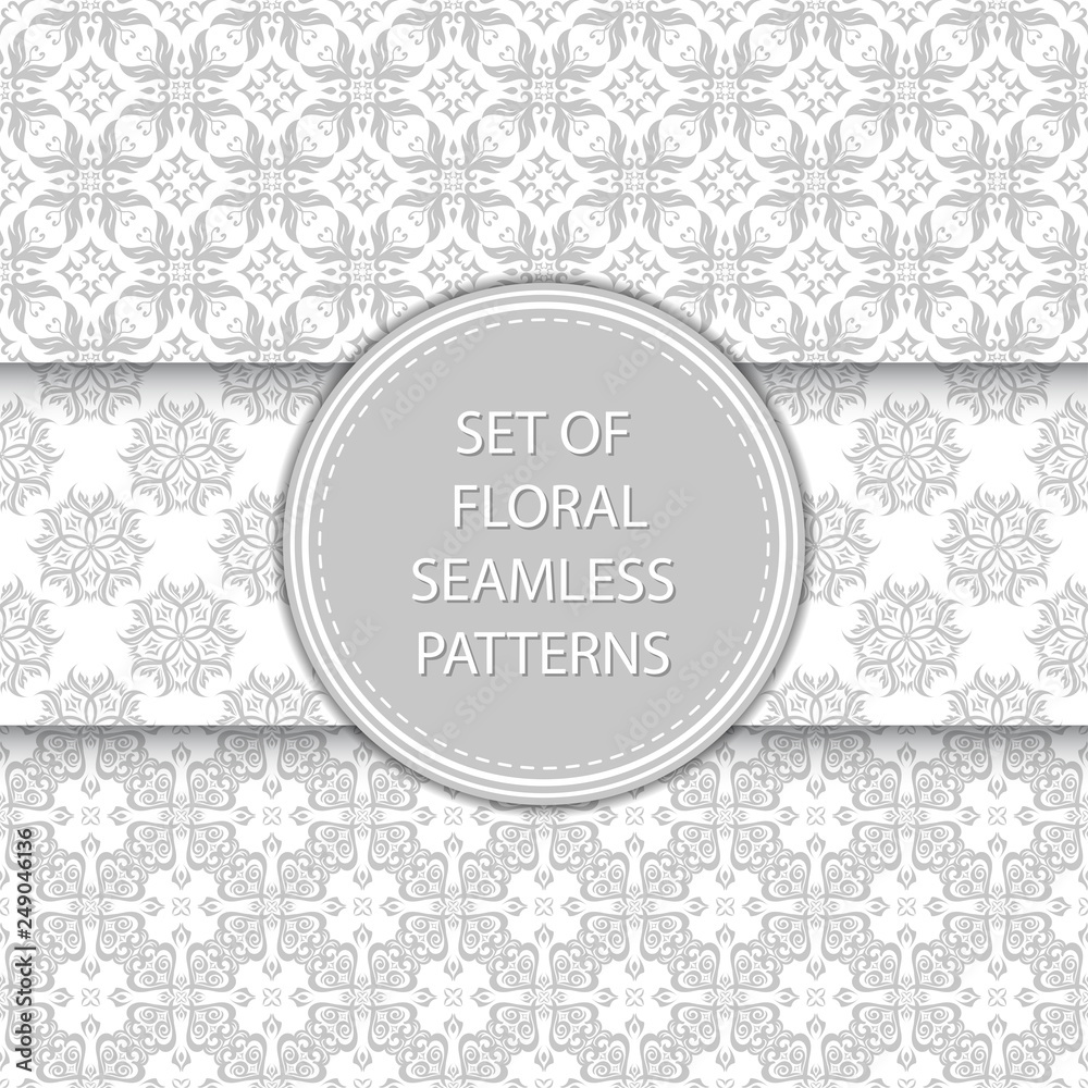 Floral seamless patterns compilation. Gray designs on white backgrounds