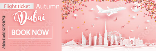 Panorama postcard and travel poster with travel to Dubai concept with skyline and famous landmark in paper cut style vector illustration