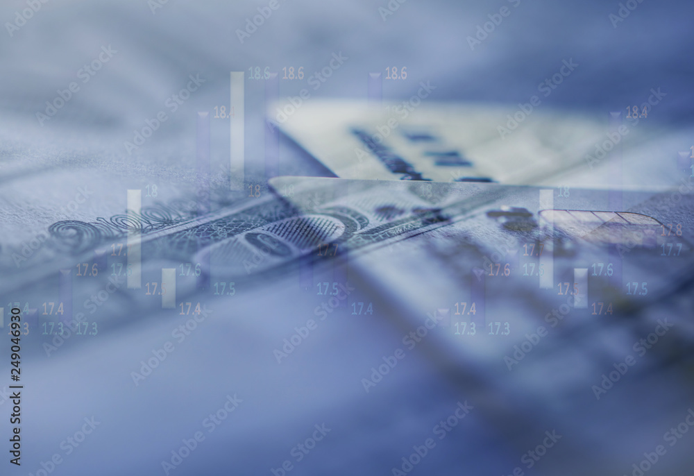 Obraz premium Double exposure Rows of coins of Credit cards on the table,finance and business concept,Money,soft focus and blurred style,dark tone.