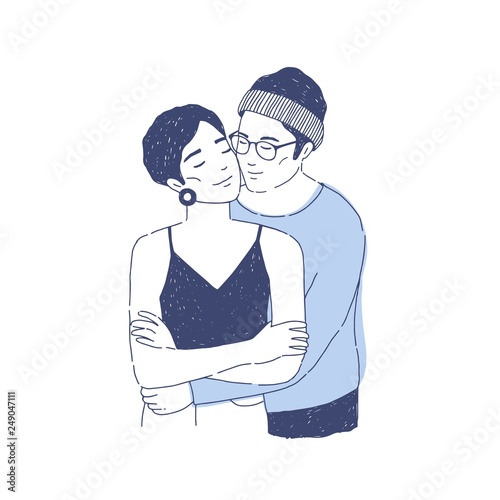 Portrait of young boy in glasses embracing and girl. Lovers or romantic partners hugging. Boyfriend and girlfriend cuddling. Love and romance. Hand drawn realistic vector illustration for 14 February.