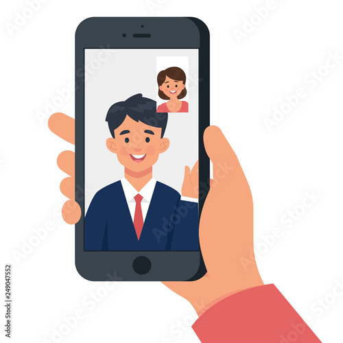 business video call concept, woman and man make a video call in business, long distance marriage between husband and wife, internet talk chat - Vector