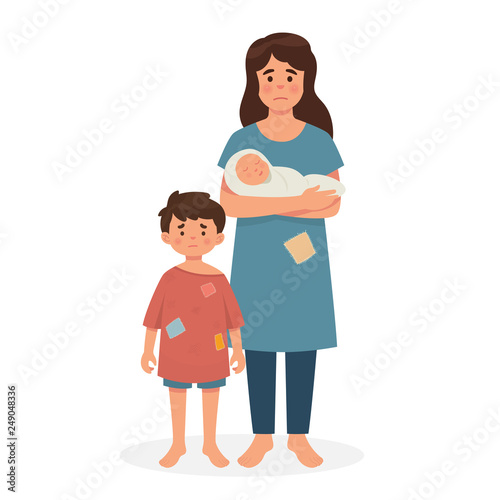mother, a boy and a baby in poor condition, sad mother and kids, hungry and dirty, homeless family concept, refugee family concept - Vector
