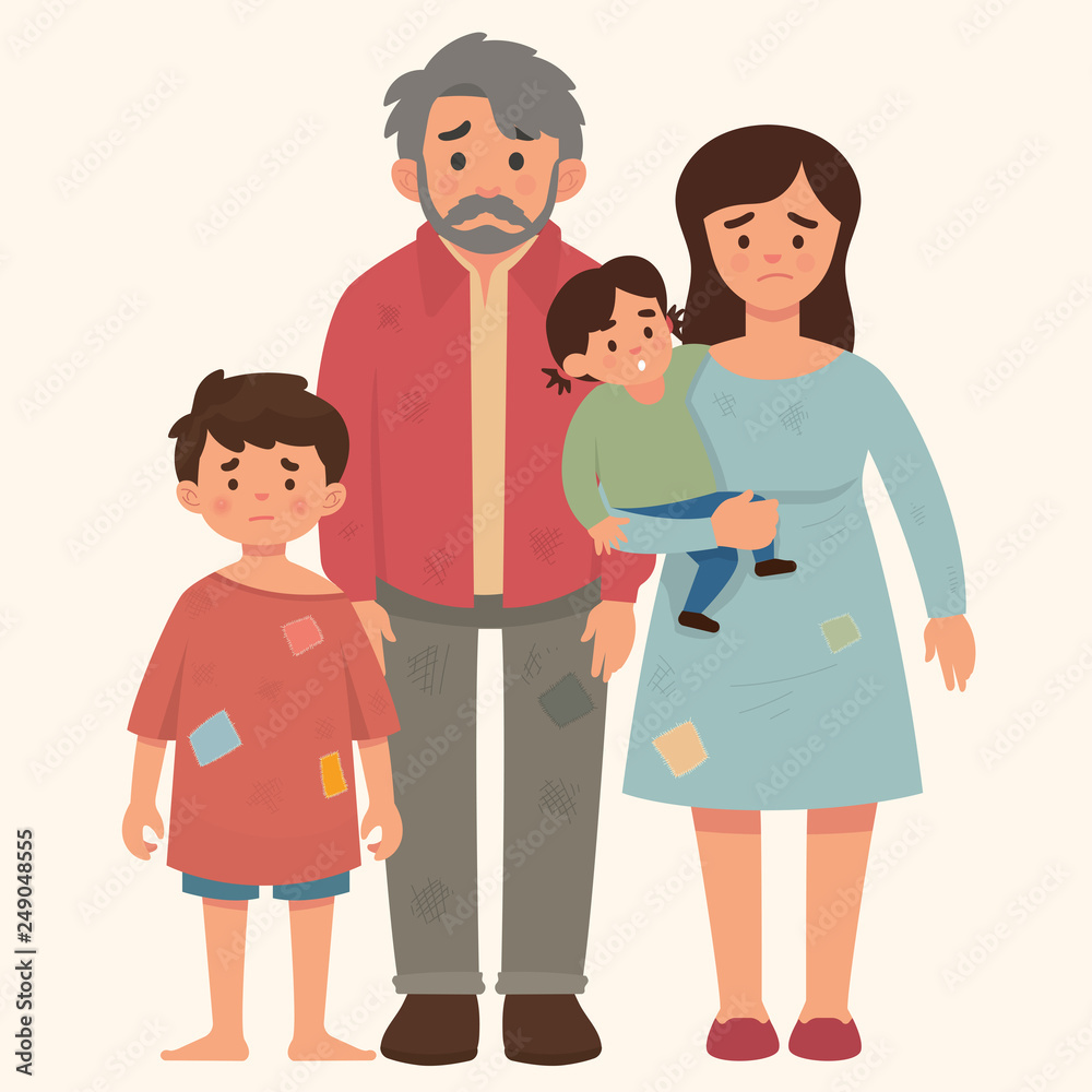 poor family concept, father, mother and to kids in bad condition, hungry and dirty, homeless family concept, refugee family concept - Vector