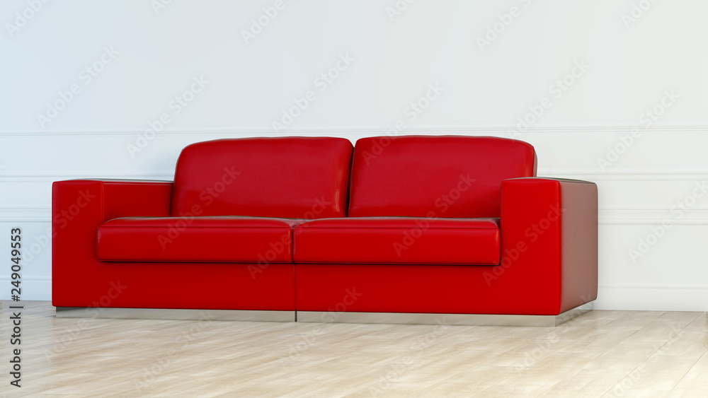 Fototapeta premium Red leather luxury sofa in white room