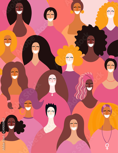 Diverse women faces background. Hand drawn vector illustration. Flat style design. Concept, element for feminism, girl power, womens day card, poster, banner.