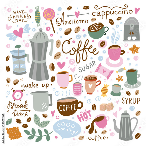 Coffee vector set. Doodle illustrations with coffee cups, sweet food, kitchen equipment on white background © redchocolatte