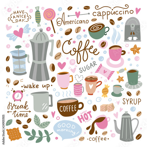 Coffee vector set. Doodle illustrations with coffee cups, sweet food, kitchen equipment on white background
