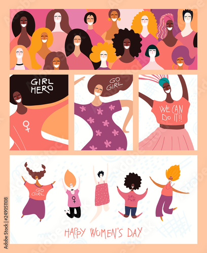 Set of womens day cards with diverse women and lettering quotes. Hand drawn vector illustration. Flat style design. Concept, element for feminism, girl power, poster, banner, background.