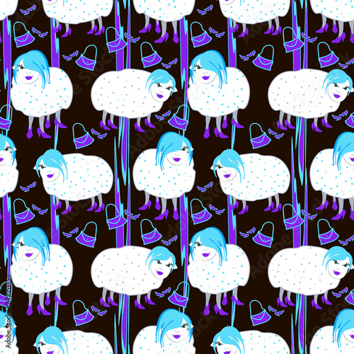 Vector seamless pattern. Hand drawn neon purple and blue fashionista sheeps on black background for design, cover page, wall decor, banner, card, wallpaper, print.