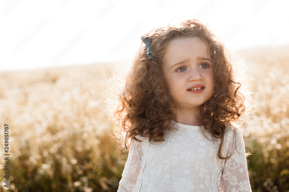 portrait of a pretty little girl with big blue eyes and curly hair in the chamomile field portrait of a pretty little girl with big blue eyes and curly hair in the chamomile field