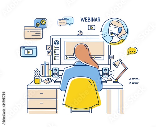 Girl sitting at desk with computer and watching or listening to webinar, internet lecture, video podcast. Back view. Self education online. Colored vector illustration in modern linear style.