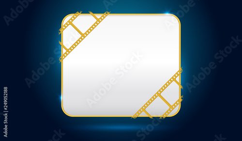 White blank screen with film strip frame isolated on blue background. Design template cinema with space for your text. Vector cinema festival poster, flyer background. Cinema concept. 3d style. EPS 10