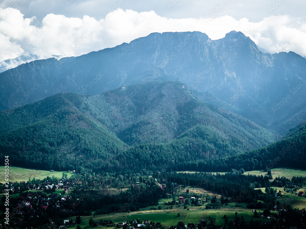 Beautiful view of villages on a hill and mountains in Zakopane, Poland, Europe.