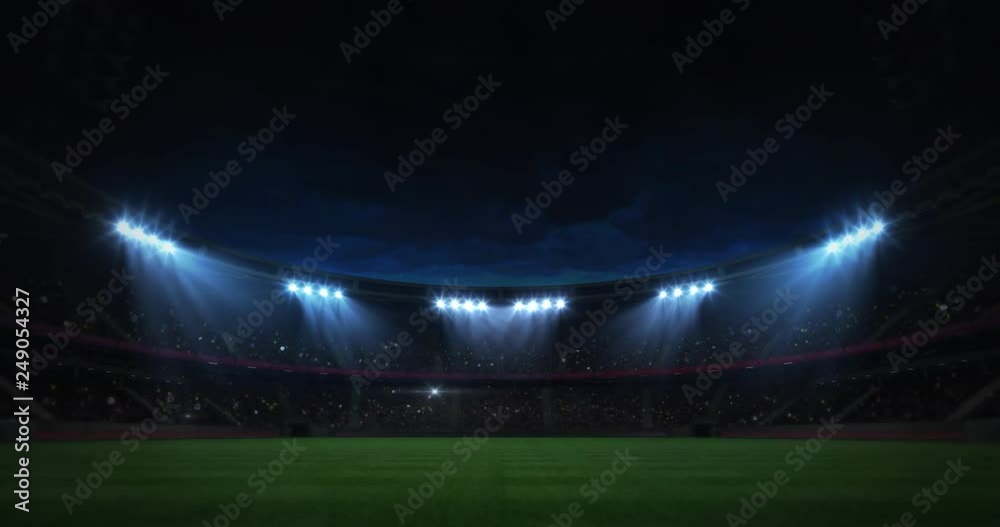 modern grass field stadium evening floodlight illumination zoom out footage,  football stadium sport advertisement background, 4K animation with black end